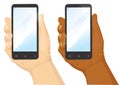 Hand of caucasian and african american man holding black vertical smartphone