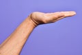 Hand of caucasian young man showing fingers over isolated purple background with flat palm presenting product, offer and giving