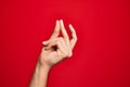 Hand of caucasian young man showing fingers over isolated red background snapping fingers for success, easy and click symbol