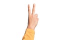 Hand of caucasian young man showing fingers over isolated white background counting number 2 showing two fingers, gesturing Royalty Free Stock Photo