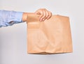 Hand of caucasian young woman holding deliver paper bag of takeaway food over isolated white background Royalty Free Stock Photo