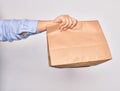 Hand of caucasian young woman holding deliver paper bag of takeaway food over isolated white background Royalty Free Stock Photo