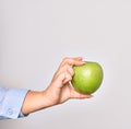 Hand of caucasian young woman holding green apple fruit over isolated white background Royalty Free Stock Photo