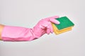 Hand of caucasian young woman wearing cleaning glove holding scourer sponge over isolated white background