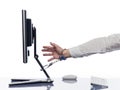 Hand chained to computer with handcuffs