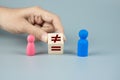 Hand change cube block of unequal to a equal sign between Pink Women and Blue Men wooden symbol. gender equality concept Royalty Free Stock Photo