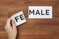 Hand changing the word male into female or the opposite. Gender identity concept