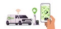 hand charging electric cargo van in mobile app battery vehicle at recharging power station charger EV management