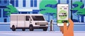 hand charging electric cargo van in mobile app battery vehicle at recharging power station charger EV management