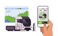 hand charging electric semi truck in mobile app battery vehicle at recharging power station charger EV management