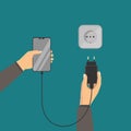 hand charging smartphone to socket, flat design vector illustrator