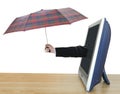 Hand with checkered umbrella leans out TV screen