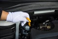 Hand Checking car engine oil level. Hand with glove pulling a car`s dipstick Royalty Free Stock Photo