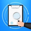 Hand checking contract with a magnifying glass before signing. Vector stock illustration. Royalty Free Stock Photo