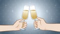 Hands holding champagne glasses to clink on dark background.Valentines day. Royalty Free Stock Photo