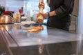 Hand of Chef cooking salmon steak Royalty Free Stock Photo