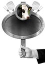 Hand of Chef Holding a Metal Sign with Head of Cow Isolated on White Royalty Free Stock Photo