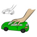 hand of a child playing a green car toy vector illustration sketch doodle hand drawn with black lines isolated on white background Royalty Free Stock Photo