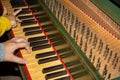 Hand of Child Playing Medieval Harpsichord in a Castle in Italy