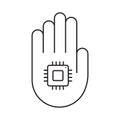 Hand with chip implant icon. Line art electronic technology logo. Black simple illustration. Contour isolated vector image on