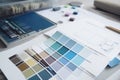 decor swatch designer color choice palette sample selection project interior design. Generative AI. Royalty Free Stock Photo