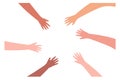 Hand circle. Diverse human palms together. Friendship concept