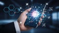 Hand holding smartphone with digital connection and data flow Royalty Free Stock Photo
