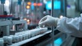 Hand in Sanitary Gloves Examines Medical Vials on Pharmaceutical Manufacturing Line. Generative AI