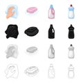 A hand with a cleaning cloth, soap and foam, a detergent, a bottle of whiteness. Cleaning set collection icons in