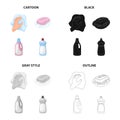 A hand with a cleaning cloth, soap and foam, a detergent, a bottle of whiteness. Cleaning set collection icons in