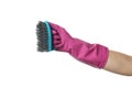 Hand in cleaning glove hold brush, isolated Royalty Free Stock Photo