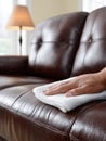 Hand cleaning a leather sofa with a cloth for home maintenance. Royalty Free Stock Photo