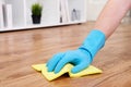 A hand cleaning a parquet floor with one sponge Royalty Free Stock Photo