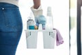 Hand, cleaning and product container woman ready for home hygiene and disinfection routine macro. Spray, liquid and
