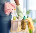 Hand, cleaning products and home supplies for house cleaning service. Cleaner, chemical basket and hygiene safety tools Royalty Free Stock Photo