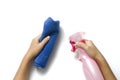 Hand cleaning with spray bottle and blue rag Royalty Free Stock Photo