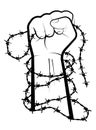 Hand clenched into fist in barbed wire loops. Combating injustice and discrimination. Illegally convicted prisoners of prisons and