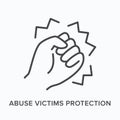 Hand clenched into a fist flat line icon. Vector outline illustration of violence victim protection, domestic abuse