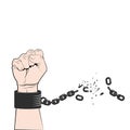 Hand clenched into fist with tearing chain or fetter. Symbol of revolution and freedom. Freedom concept. Vector Royalty Free Stock Photo