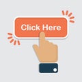 Hand click on click here button in a flat design