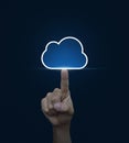 Hand click on cloud icon with copy space on blue background, Cloud computing concept