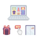 Hand, click, elevator, gift, box, door, online store and other equipment. E commerce set collection icons in cartoon Royalty Free Stock Photo