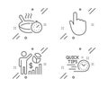 Hand click, Seo statistics and Frying pan icons set. Quick tips sign. Vector