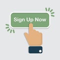 Hand click on sign up now button in a flat design