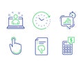 Hand click, Time change and Best manager icons set. Thumb down, Statistics timer and Calculator signs. Vector