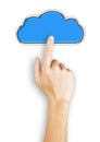 Hand clicking a blue cloud shaped button, top view Royalty Free Stock Photo