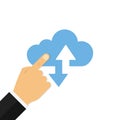 Hand clicking with finger blue cloud. Internet technology concept. Network or information design. Cloud sign. Isolated flat design