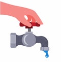 Hand close water crane, illustration for cost saving in home, water scarcity. excessive water or save earth campaign flat vector Royalty Free Stock Photo