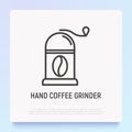 Hand coffee grinder with coffee bean thin line icon. Modern vector illustration for cafe logo Royalty Free Stock Photo