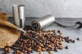 Hand coffee grinder and coffee beans on the table Royalty Free Stock Photo